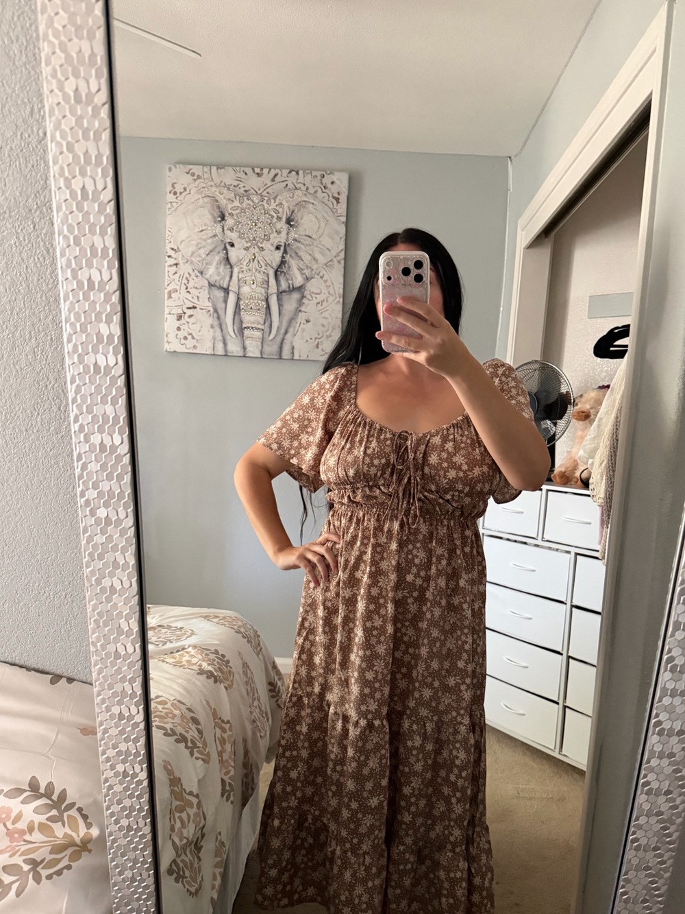 Brown Cream Floral Flowy Sleeves Tie-Front Maxi Dress L Large